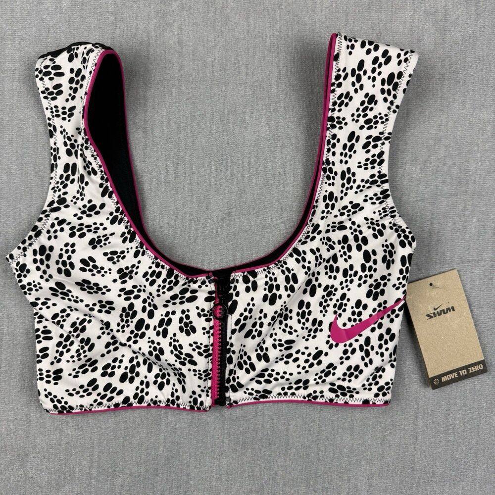 Nike Swim Bikini Top Womens Medium Party Dots Crop NESSC267-100 White Black New